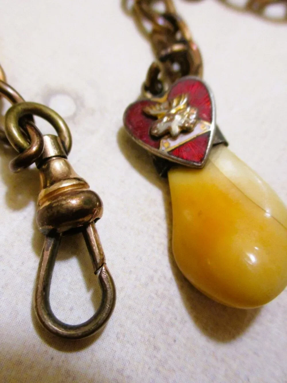 Vintage LOOM Tooth Watch Fob Chain, Guilloche Enamel Heart, Gold Filled